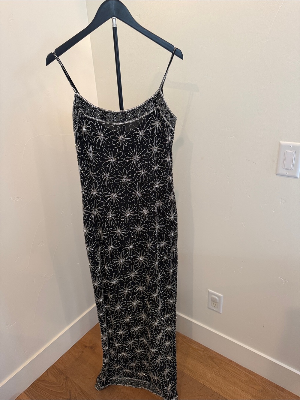 Papell Boutique Black Maxi Slip Dress with Silver Beaded Floral Pattern